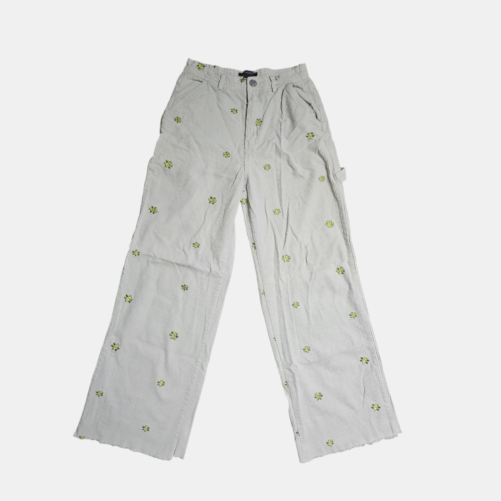 Forever 21 Floral Smiley Face Embroidered Corduroy Carpenter Pants S Raw Hem Y2K